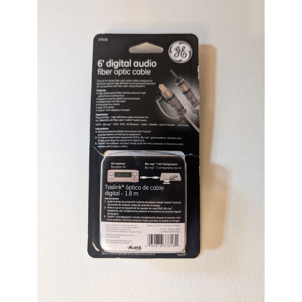 GE 6ft Digital Audio Fiber Optic Cable Toslink HDTV Blu-ray AV‎ 37618 New Sealed - Picture 2 of 2